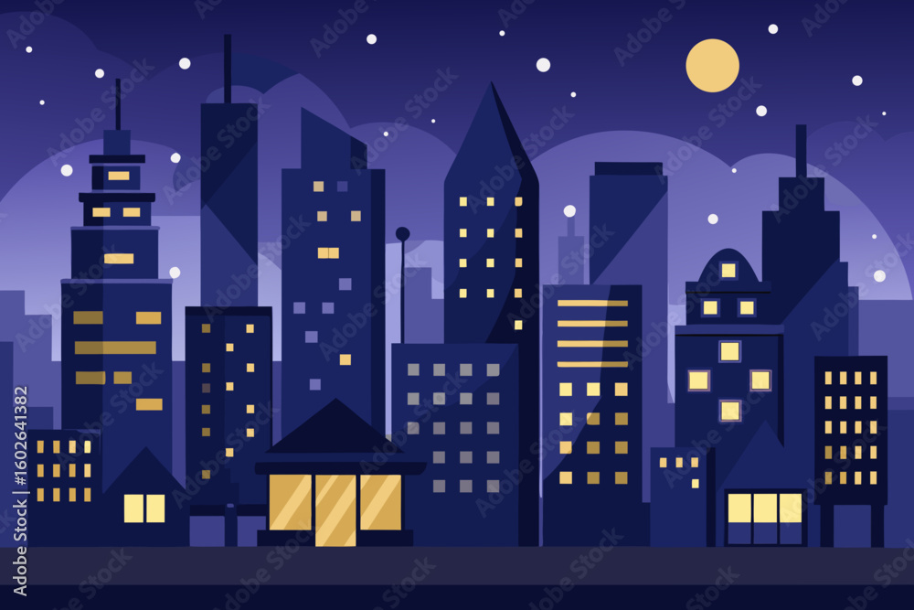 Fototapeta premium Captivating modern city skyline glows with warm lights under a starry night sky and a bright full moon, evoking a sense of urban wonder and tranquility for any project.