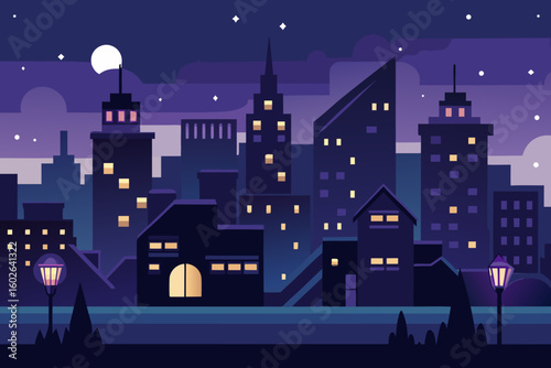 Captivating modern cityscape panorama under a luminous full moon, showcasing vibrant illuminated skyscrapers and cozy streetlights creating a magical urban night.