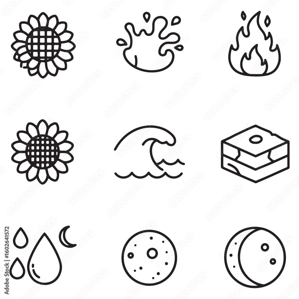 Fototapeta premium Simple black and white icon set representing nature elements and celestial bodies