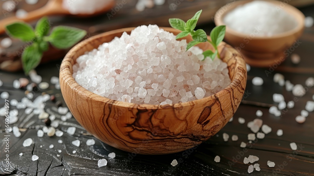 Wooden bowl filled with coarse sea salt, herbs, and wooden spoons on a dark wood surface Wooden bowl filled with coarse sea salt, herbs, and wooden spoons on a dark wood surface