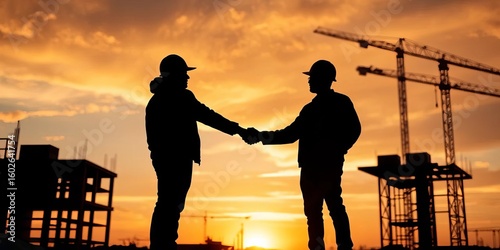 Silhouetted figures shake hands at sunset construction site, signifying trust and partnership,  photography,  stock photo