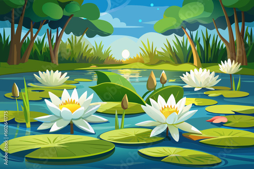 vector of White water lilies blooming on the surface of calm water with green lily pads under bright sunlight...