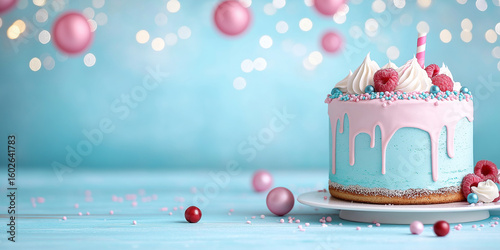 Blue cake with pink frosting and raspberries, a lovely and delicious bakery treat for celebration designs and food themed concepts.