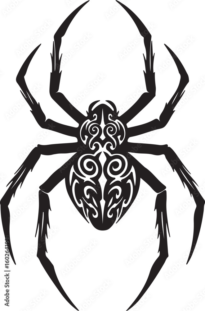 Obraz premium Bold black spider drawing with sacred tribal motifs across its body,