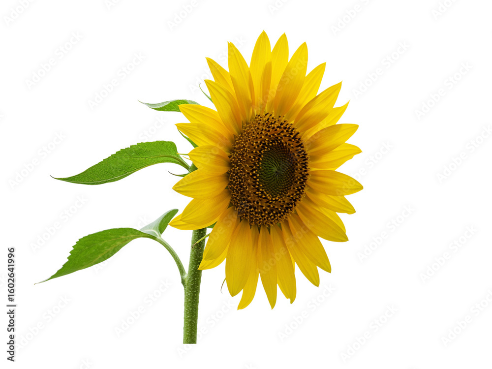 Obraz premium Bright yellow sunflower with green leaves isolated on transparent background
