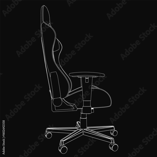 An ergonomic gaming chair with sleek contours features a curved backrest, padded armrests, and a sturdy metal frame. The black and white drawing highlights its modern design on a dark background.