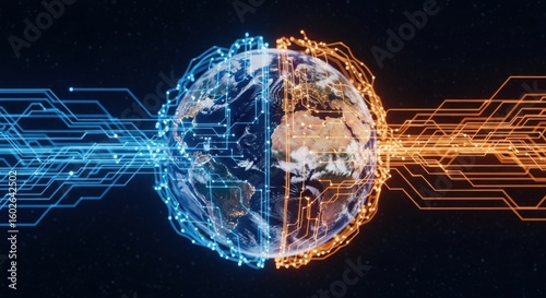 Digital transformation and global connectivity a futuristic earth encased in blue and orange data streams
