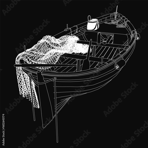 A black and white contour drawing of a fishing boat with a net draped over it, set against a dark textured background. The detailed line work highlights the boat's structure and the net's intricate.