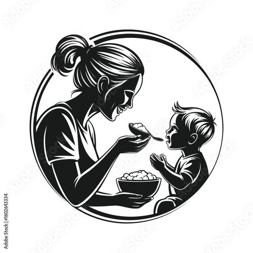 Mother feeding baby with spoon bowl