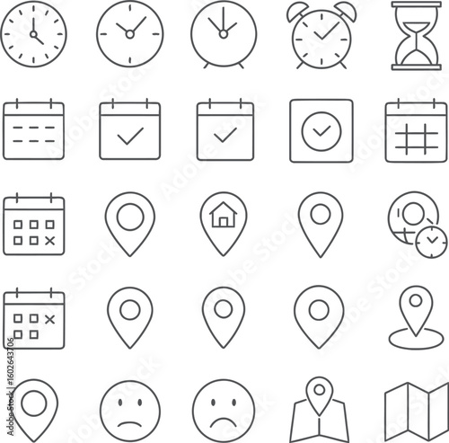 Time, date and address concept editable stroke outline icons set isolated on white background flat vector illustration.