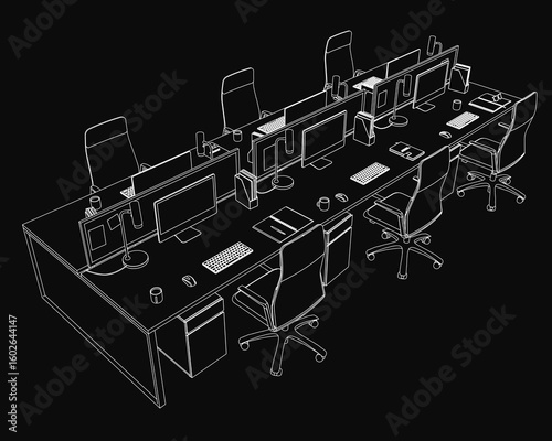 A black and white line drawing of an office desk with multiple monitors, keyboards, and mice arranged neatly. The set includes chairs and other office furniture.
