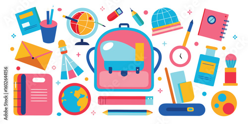 Colorful back to school elements arranged in a flat design style with a schoolbag as the centerpiece for educational concepts.