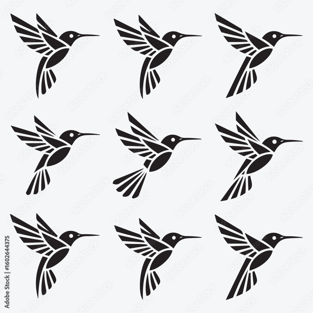 Obraz premium Stylized Hummingbird Silhouette Vector Icon in Black and White, Art & Illustration.