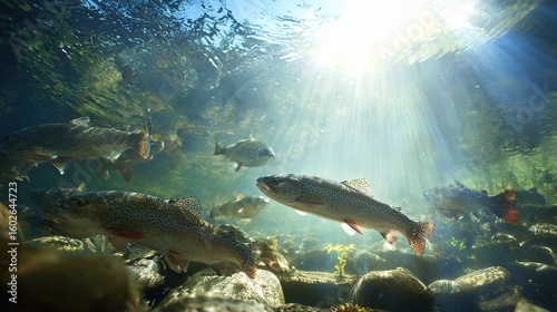 Underwater scene of trout swimming in a clear river with natural light creating a serene aquatic atmosphere.