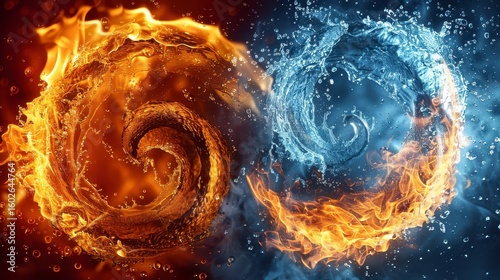 Two swirling spheres, fire and water, contrasting elements