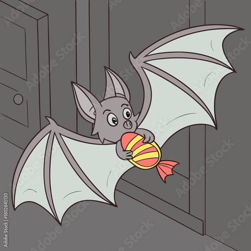 A cartoon bat flying in front of a moon with stars while holding a candy cane in its mouth happy