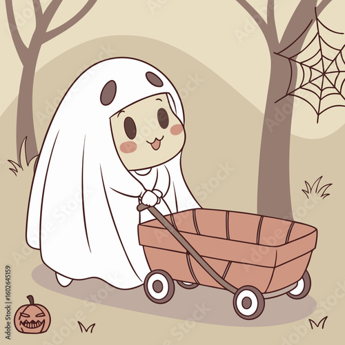 A baby in a stroller with a ghost costume on the stroller near a door and stairs in a cartoon style