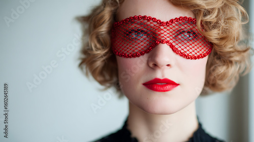 Sinnliche Frau mit roter Netzmaske vor den Augen und leuchtend roten Lippen 52527368 1