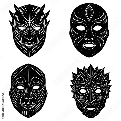 Collection of four black and white tribal masks with unique designs and intricate linework patterns art