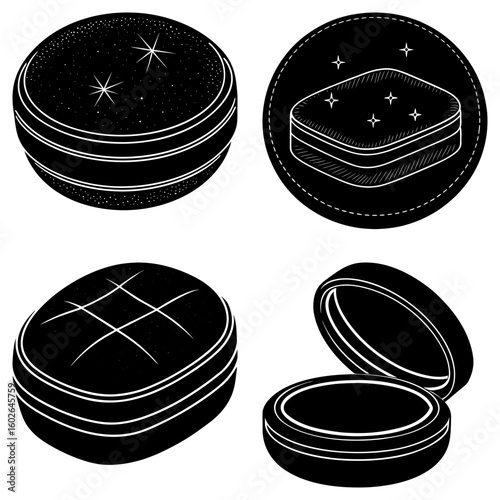 Illustration of four cosmetic compacts with different designs in black and white monochrome style art