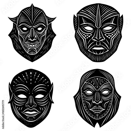 Four stylized black and white tribal masks with unique designs and intricate line work displayed together