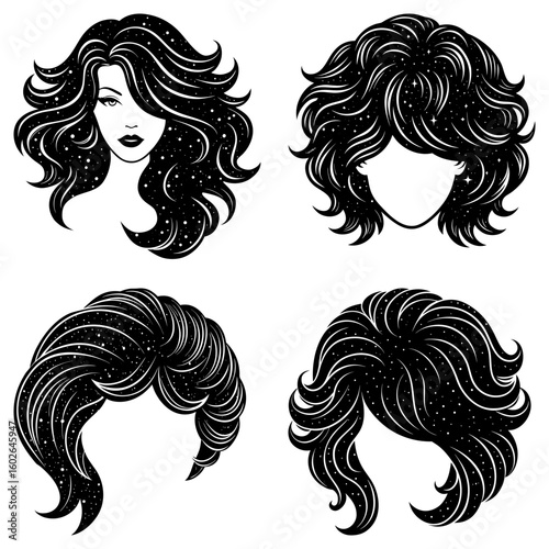 Illustration of four different black hairstyles with stars on a white background displayed nicely