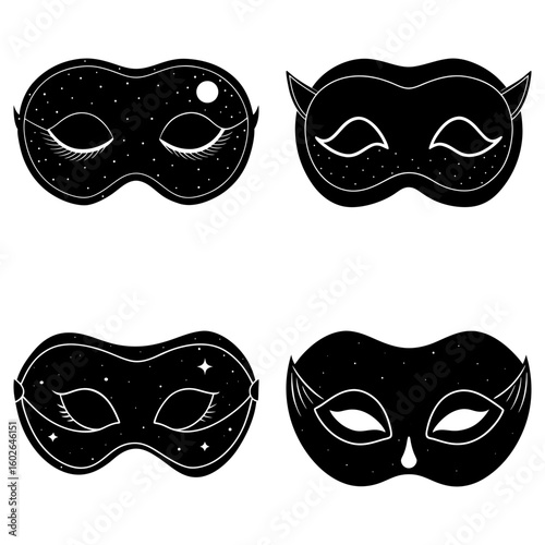 Four black masquerade masks with celestial and feline themes in a graphic illustration style design