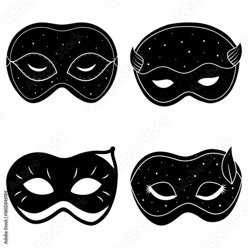 Four black masquerade masks with different designs and embellishments on a white background artfully displayed