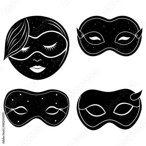 Illustration of four black masquerade masks with different designs and styles on a white background artfully done