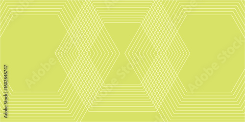 Geometric abstract background with layered hexagon and diamond shapes in a symmetrical linear pattern. Features a bright yellow-green color scheme with overlapping transparent lines