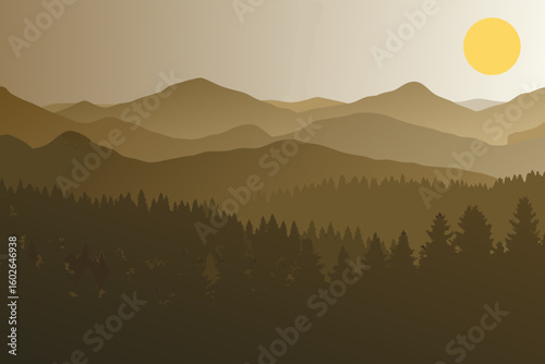 Abstract Landscape Illustration of Mountain Ranges and Forest with a Yellow Sun in a Brown Tone