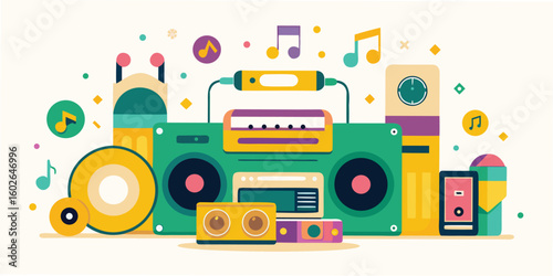 Colorful illustrated design featuring audio elements like a boombox cassette tape and musical notes with transparency.