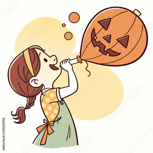 A girl blowing up a halloween balloon with a jack o lantern face while smiling with a ponytail and dress