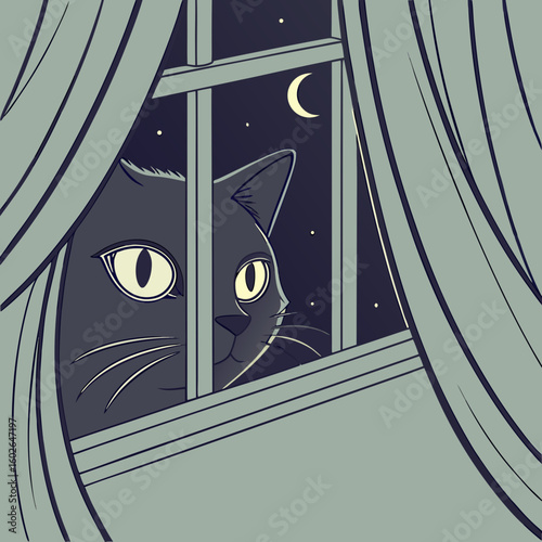 A cartoon cat with large eyes peers through a window framed by curtains in a monochromatic color scheme