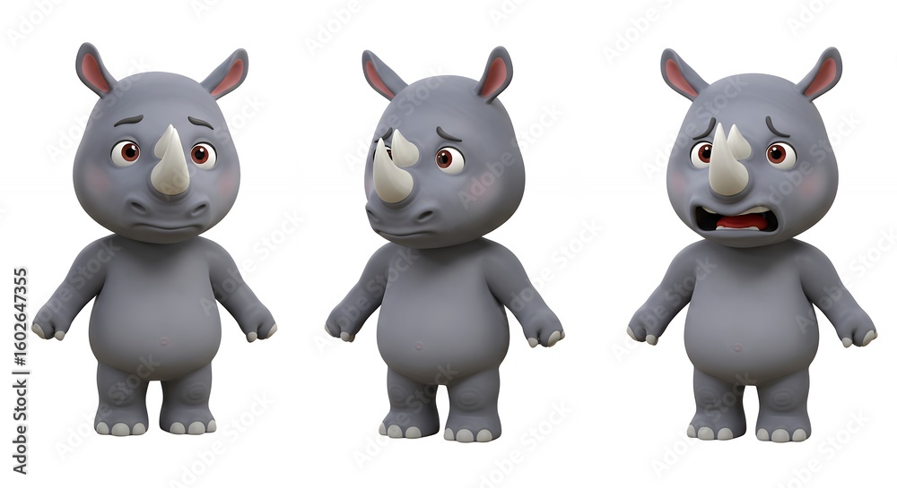 Naklejka premium Cartoon rhinoceroses with emotional expressions