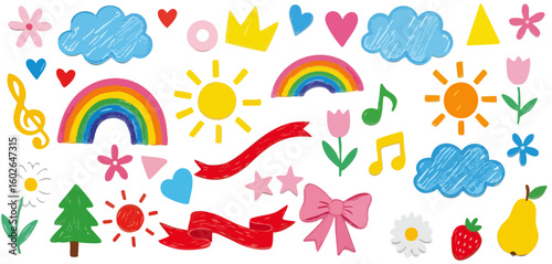 Whimsical Hand-Drawn Crayon Doodles – Colorful Childlike Flat-Lay Illustration on White Background