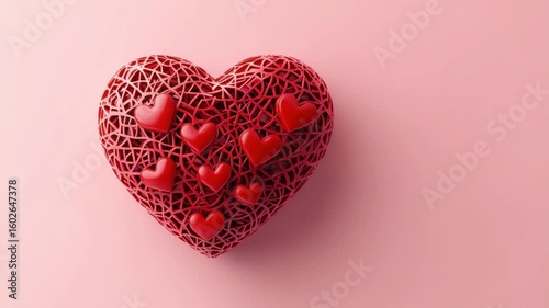 Red heart with smaller hearts on pink background symbolizing love affection romantic decoration valentine symbol design creative artistic warm perfect emotional themes