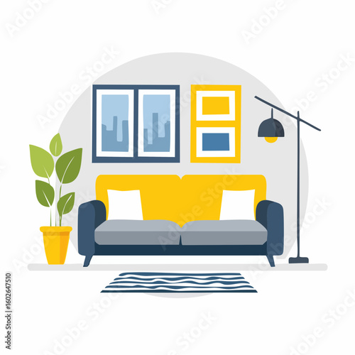 A modern, stylish living room interior design, featuring a vibrant yellow sofa, tasteful artwork, and lush potted plant. creating an inviting, comfortable atmosphere. 