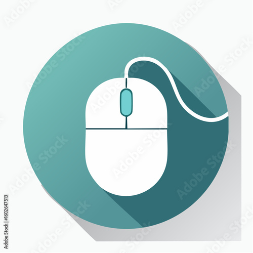 A modern illustration of a computer mouse, featuring a simple yet elegant design with a prominent cord, set against a gradient circle.