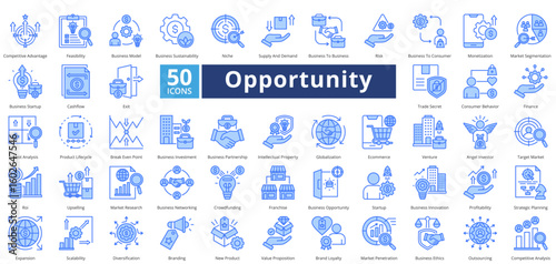 Opportunity icon set contains 50 icons including, risk, business to consumer, monetization, market segmentation, business startup, cashflow, exit, trade secret, simple vector blue style