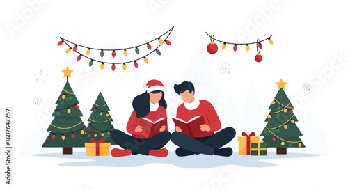 Couple reading a book together amidst Christmas decorations.