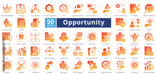 Opportunity icon set contains 50 icons including, scalability, diversification, branding, new product, simple vector glyph gradient style