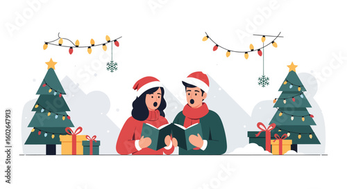 Festive illustration of a couple singing Christmas carols near decorated trees and gifts.