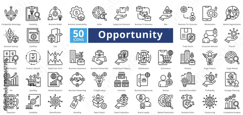 Opportunity icon set contains 50 icons including, business networking, crowdfunding, franchise, business opportunity, startup, business innovation, profitability, simple vector outline style