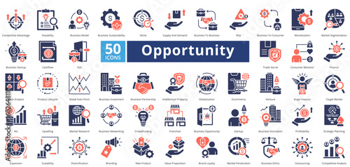 Opportunity icon set contains 50 icons including, risk, business to consumer, monetization, market segmentation, business startup, cashflow, exit, trade secret, simple vector mixed duotone style