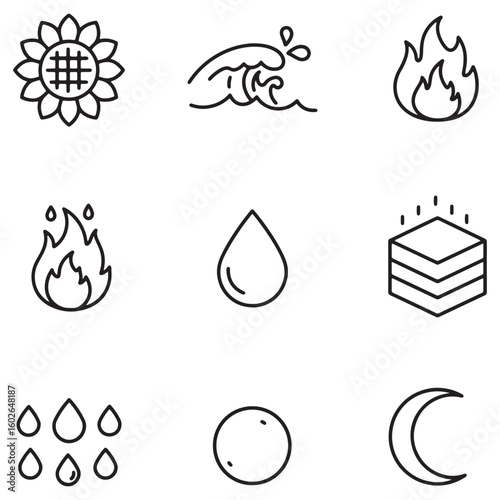 Simple vector icons representing earth elements and celestial bodies with minimalist style