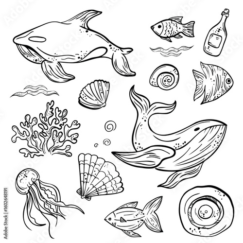 Set of hand-drawn summer and sea-themed vector illustrations, including marine animals, kids in sailor outfits, nautical objects, beach accessories, and ocean elements. Perfect for coloring pages