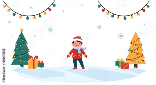 A child in winter attire stands amidst Christmas decorations, snow, and trees.