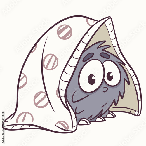 A cute teal monster with one horn hiding under a polka dot blanket in a light colored room looking happy