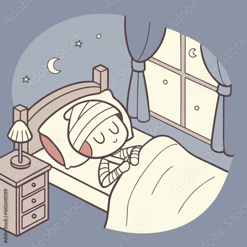 A cartoon illustration of a mummy wrapped in bandages sleeping peacefully in a bed with a star nearby
